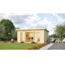 Maison de jardin en bois avec double porte et fenêtres dans le jardin
