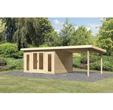 Holzgartenhaus mit Carport im Garten