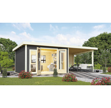 Gartenhaus Karibu Badeburg 2 inkl. Anbaudach 3,3 m und Rückwand 724 x 331,5 cm terragrau