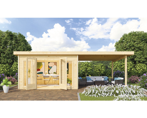 Abri de jardin Karibu Badeburg 3 avec extension de toit 3,3 m 724 x 393 cm naturel