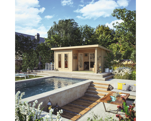 Gartenhaus Karibu Badeburg 5 inkl. Fußboden 560 x 422 cm natur Gartenhaus mit Pool und Terrasse im Aussenbereich.