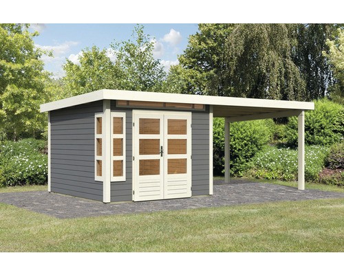 Abri de jardin Karibu Kastorfa 6 avec extension de toit 3,2 m 612 x 303 cm gris terra