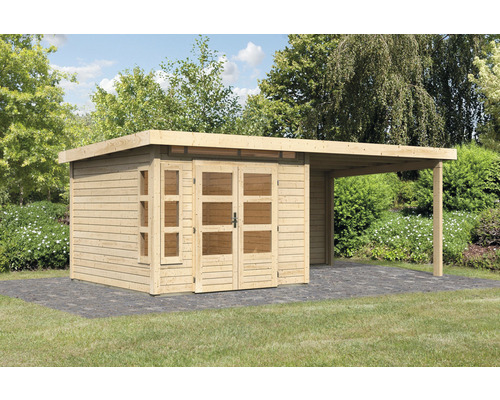 Abri de jardin Karibu Kastorfa 6 avec extension de toit 3,2 m et paroi arrière 612 x 303 cm naturel