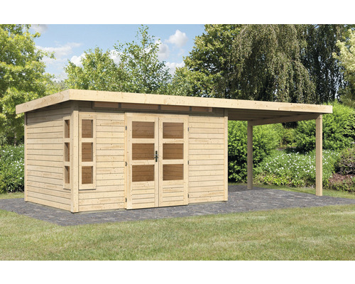 Abri de jardin Karibu Kastorfa 7 avec extension de toit 3,2 m 702 x 273 cm naturel