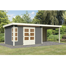 Gartenhaus Karibu Kastorfa 7 inkl. Anbaudach 3,2 m und Rückwand 702 x 273 cm terragrau