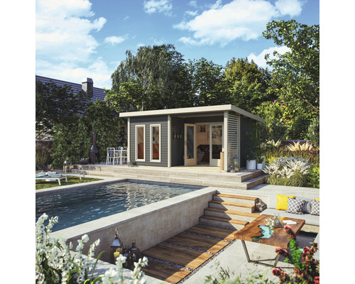 Gartenhaus Karibu Badeburg 5 inkl. Fußboden 560 x 422 cm terragrau Garten mit Pool und Gartenhaus