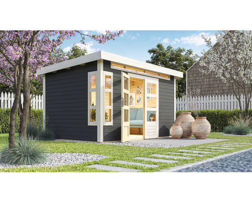 Abri de jardin Karibu Kastorfa 7 396 x 273 cm gris terra Jardin avec cabane de jardin moderne en bois avec portes et fenêtres ouvertes