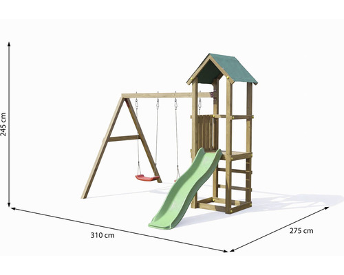 Spielturm aus Holz mit Schaukel und Rutsche, Abmessungen 310 mal 275 mal 245 Zentimeter