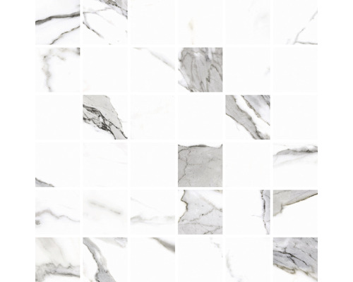 Feinsteinzeugmosaik Calacatta white poliert 29,7 x 29,7 cm Muster von Fliesen mit Marmoroptik