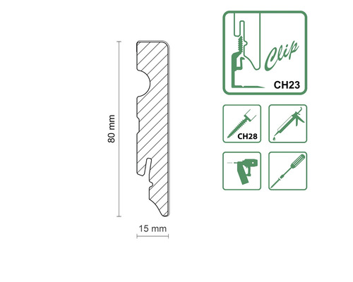 Section transversale de la moulure de profil avec les dimensions et les symboles de fixation