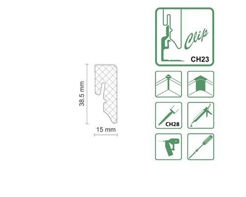 Darstellung eines Befestigungsclips mit den Maßen 38,5 mm Höhe und 15 mm Breite, zusammen mit Symbolen, die Installationsmethoden zeigen