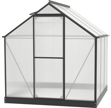 Serre avec panneaux en polycarbonate et structure en métal.