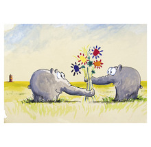 Illustration von zwei Elefanten, die einen Blumenstrauß halten