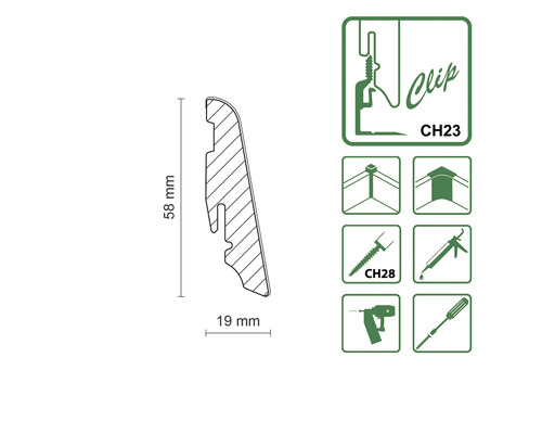 Section transversale du profilé avec indications de mesure et symboles de montage