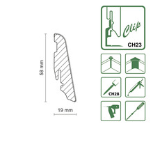 Skizze eines Sockelleistenprofils mit Abmessungen und Montagehinweisen