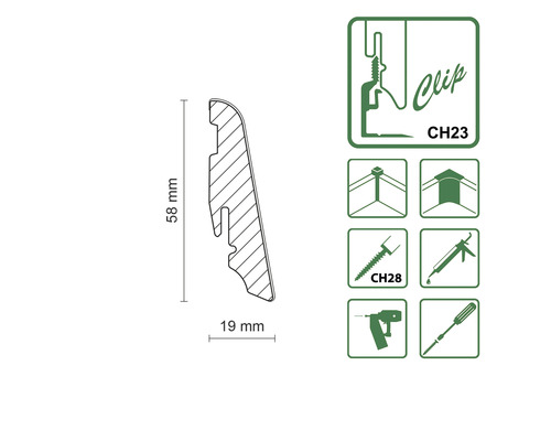 Schéma d''un profilé de plinthe avec dimensions et instructions de montage