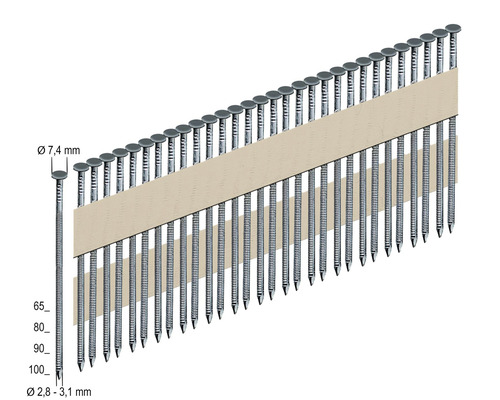 Clous à tête ronde Prebena RKP28/70BK 2700 pièces Clous en bande avec des dimensions de tête de 7,4 mm, tige de 2,8 à 3,1 mm et longueur de 65 à 100 mm
