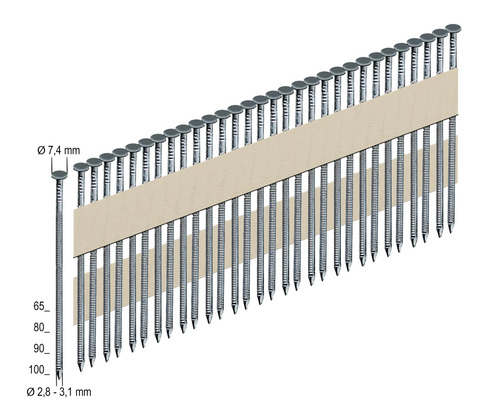 Clous à tête ronde Prebena RKP31/90BK 2000 pièces Clous en bande avec diamètre de tête de 7,4 mm et diamètre de 2,8 à 3,1 mm
