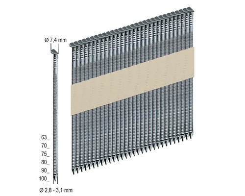Clous à demi-tête Prebena PR31/90BKRI 3000 pces Clous en bande aux dimensions suivantes : diamètre de la tête de 7,4 mm et diamètre de 2,8 à 3,1 mm