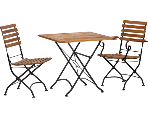 Ensemble meubles de jardin acamp Lindau 2 places composé de: fauteuil, chaise, table fer bois anthracite rabattable Table de jardin carrée avec deux chaises en bois et métal