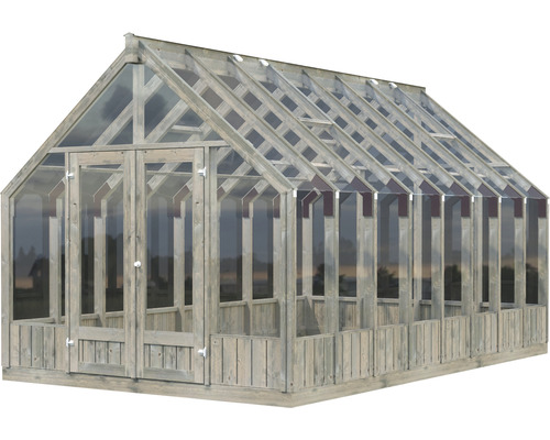 Gewächshaus mit Holzrahmen und Glaswänden
