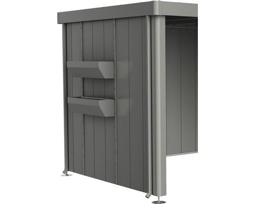 Blumenkasten Biohort FloraBoard zu Seitendach Gartenhaus Neo quarzgrau Detailansicht eines Gerätehauses mit zwei Pflanzkästen an der Wand