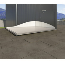 Abri de jardin en métal avec porte ouverte et plancher