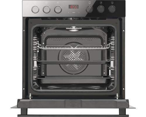 Geöffneter Backofen mit Innenraum, Gitterrost und Backblech