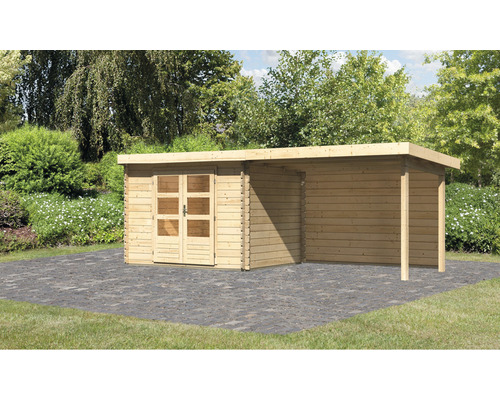 Abri de jardin Karibu Großglockner 3 avec extension de toit 3 m et paroi arrière 614 x 273 cm naturel