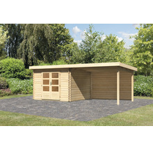 Holzgartenhaus mit Flachdach und überdachtem Bereich im Garten