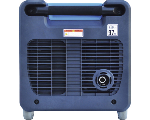 Vue arrière d''un générateur électrique avec poignée et avertissements