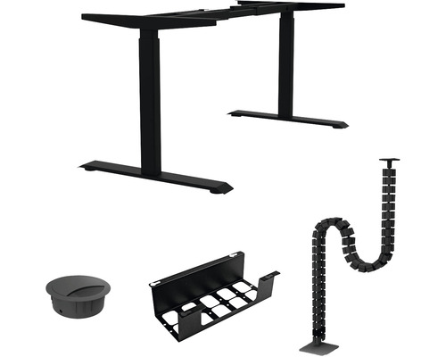 Homeoffice Set schwarz inkl. Tischgestell höhenverstellbar, Kabelkanal, Kabeldurchlass und Kabelkette-0