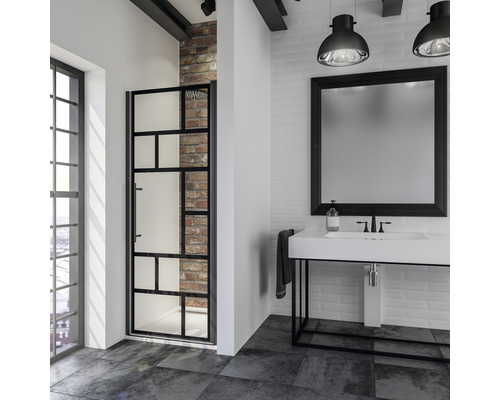 Porte de douche dans niche avec porte pivotante SCHULTE Alexa Style 2.0 Black Style ExpressPlus 80 cm couleur du profilé noir décor de vitre atelier avec verre antitache poignée barre