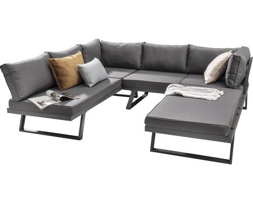 Salon de jardin gris avec coussins et couverture