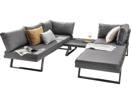 Salon de jardin gris avec table et coussins