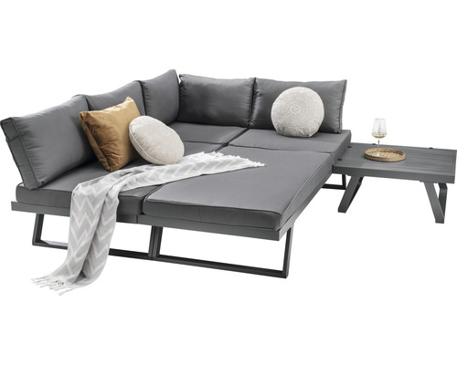 Salon de jardin gris avec coussins et table