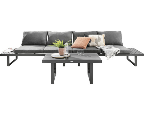 Salon de jardin gris avec table et coussins