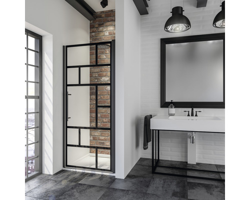 Porte de douche dans niche avec porte pivotante SCHULTE Alexa Style 2.0 Black Style ExpressPlus 90 cm couleur du profilé noir décor de vitre atelier avec verre antitache poignée barre Salle de bains avec cabine de douche de style industriel, lavabo et miroir