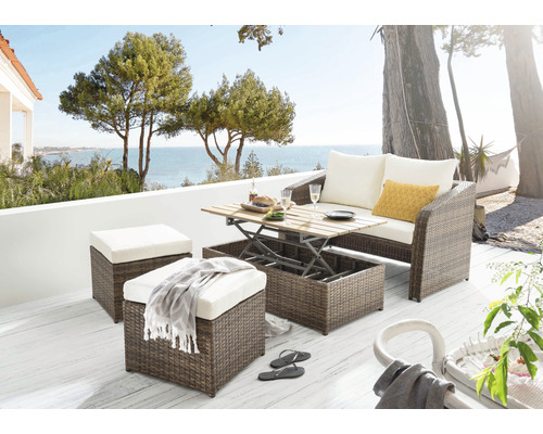 Salon de jardin Destiny Jersey 4 places comprenant canapé,2 tabourets,table,avec coussins poly rotin aluminium marron