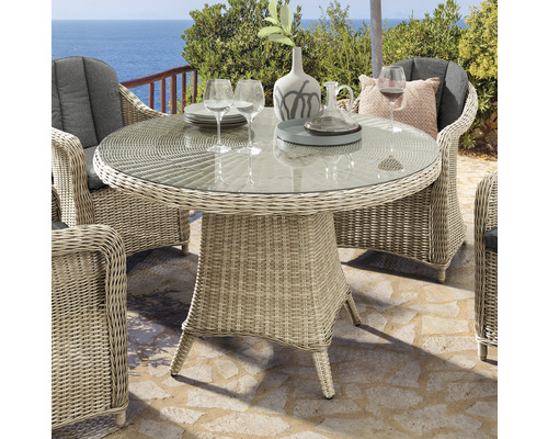 Gartentisch Destiny Luna Ø 120 H 72 cm Aluminium Polyrattan beige rund  witterungsbeständig aufgelegte Glasplatte - HORNBACH Luxemburg | Sessel