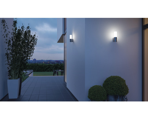 Extérieur avec deux appliques murales, plantes et terrasse