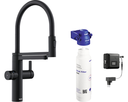 Blanco Fontas II Black Matt Küchenarmatur mit Wasserfilter und BWT Logo