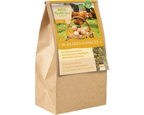 Geflügelfutter My Little Farm-Bio Goldenes-Ei-Kräuter 300 g My Little Farm Bio-Goldenes-Ei-Kräuter zur Unterstützung der Legetätigkeit, des Wohlbefindens und der Vitalität in einer Papiertüte