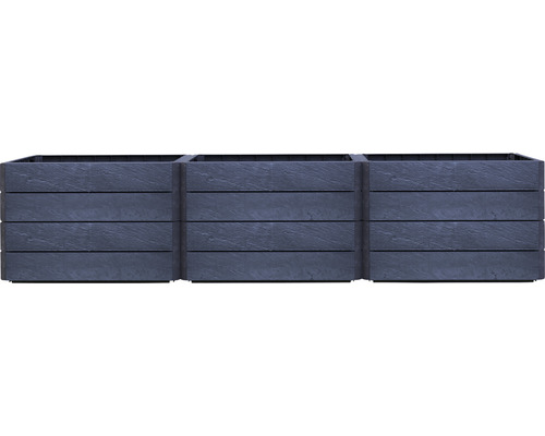 Drei nebeneinanderstehende, rechteckige Pflanzkästen für den Außenbereich