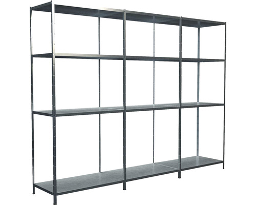 Rayonnage de base à emboîter et 2 rayonnages annexes galvanisés 1800x3000x350 mm lot de 12 tablettes capacité de charge 1020 kg Rayonnage de base à emboîter et 2 rayonnages annexes galvanisés 1800x3000x350 mm lot de 12 tablettes capacité de charge 1020 kg