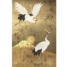 Image murale avec des grues, une montagne et un soleil dans le style japonais