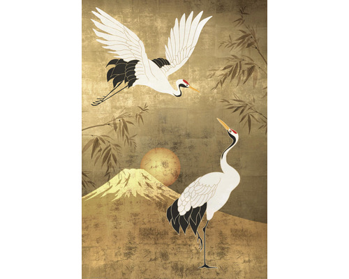 Image murale avec des grues, une montagne et un soleil dans le style japonais