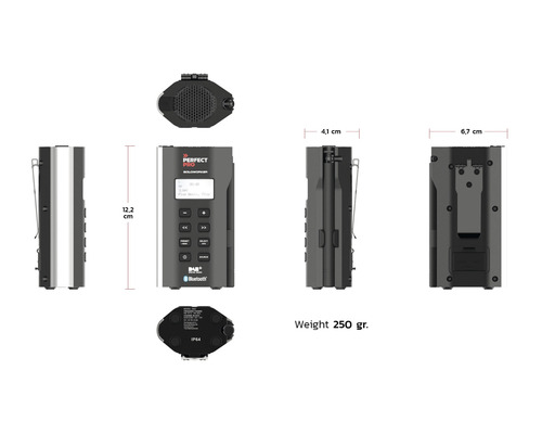 Radio de chantier Perfectpro avec Bluetooth et radio numérique, dimensions et poids indiqués