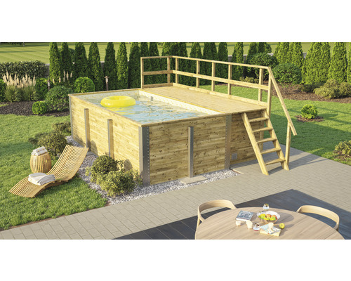 Piscine en bois avec plateforme, échelle et bouée jaune dans le jardin