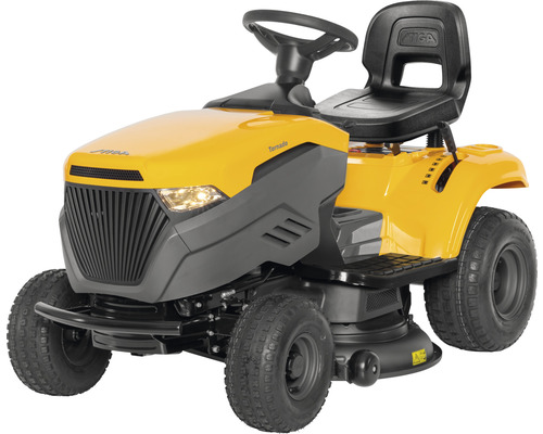 Gelber Rasentraktor mit Fahrersitz und Lenkrad